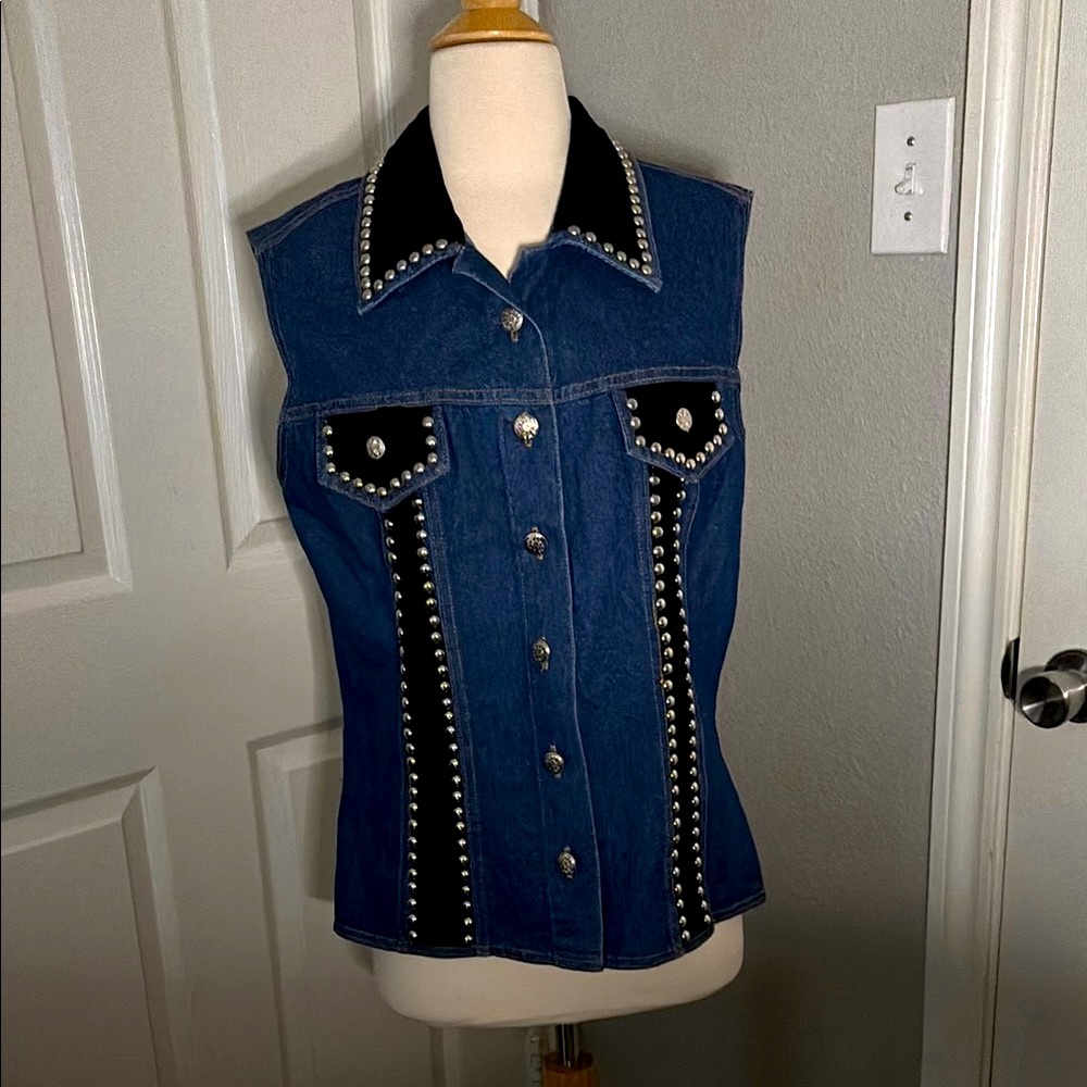 Vintage Studded Denim Button Up Vest Women’s L USA Made Western Rockabilly